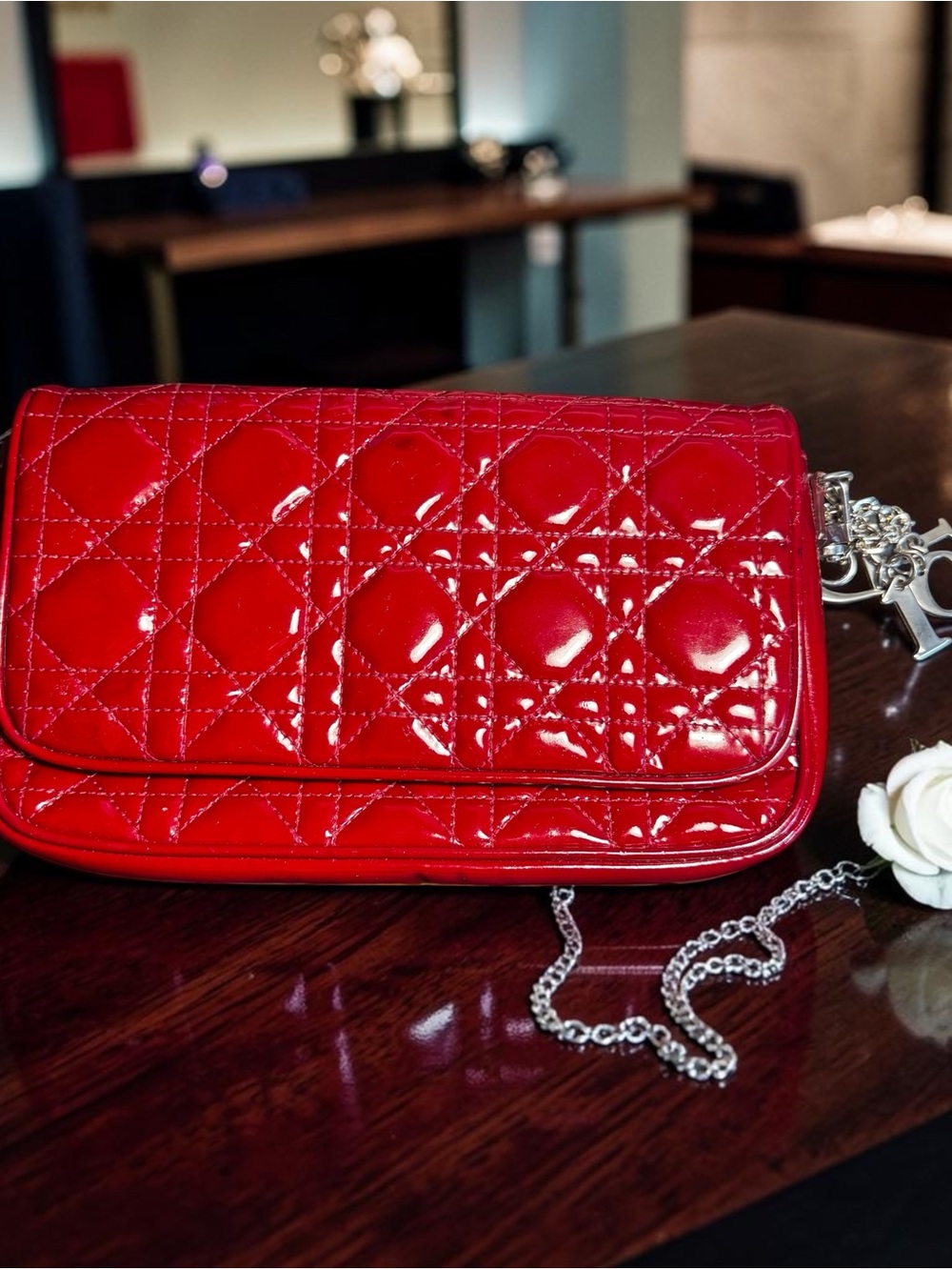 Patent Cannage Dior Wallet  on Chain Rouge Ceris